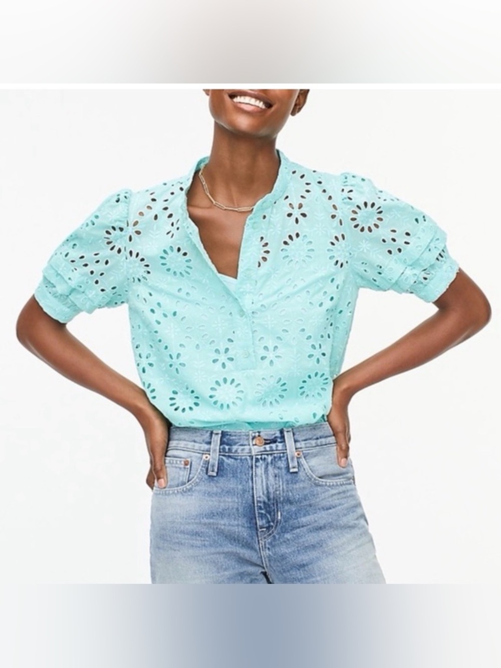J.Crew Aqua Mint Eyelet Puff Sleeve Button Up Top S Boho Cottagecore - Picture 1 of 6